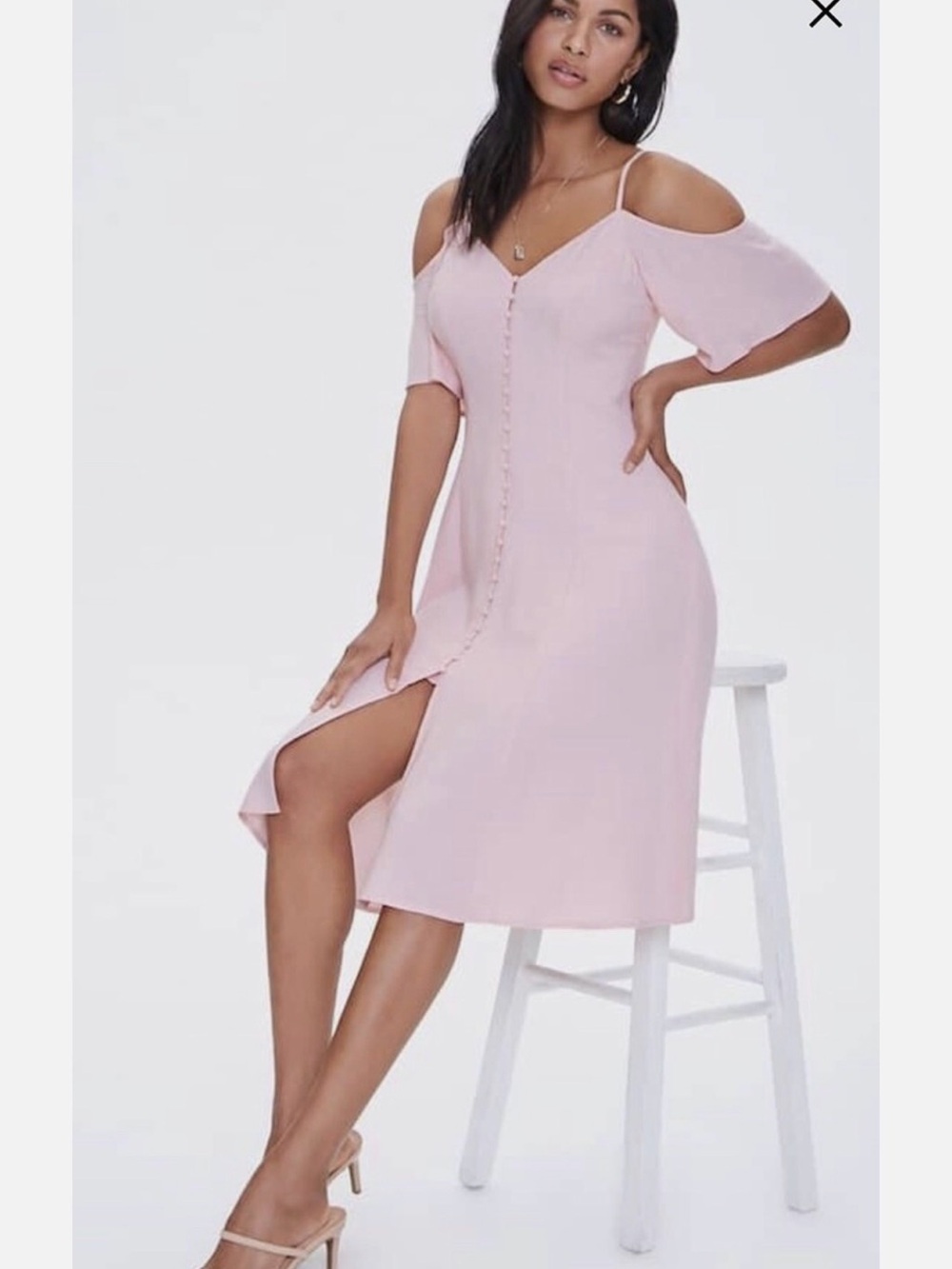 Forever 21 Blush Pink Cold-Shoulder Midi Dress with Front Buttons